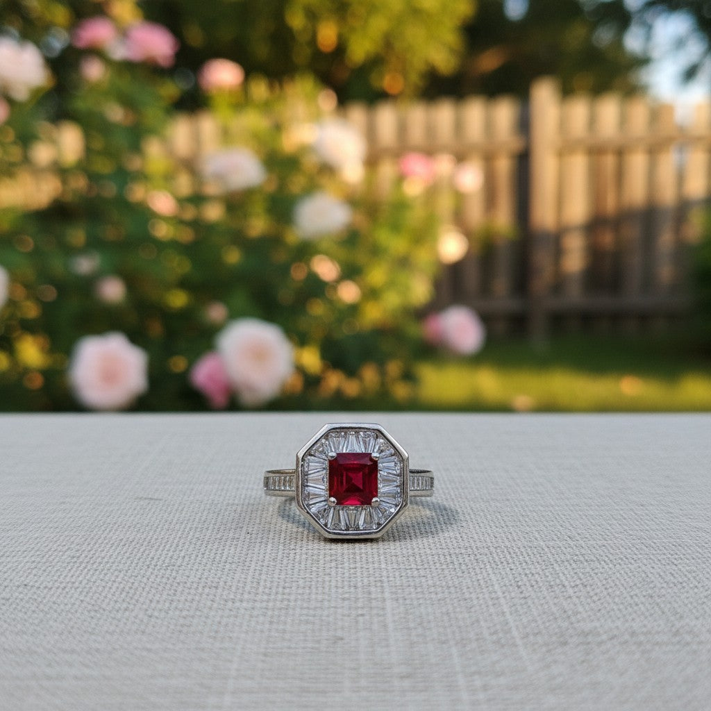 SilverStones.Pk designer ladies ring with central red zircon and surrounding baguette-cut clear zircons in a silver-tone setting.