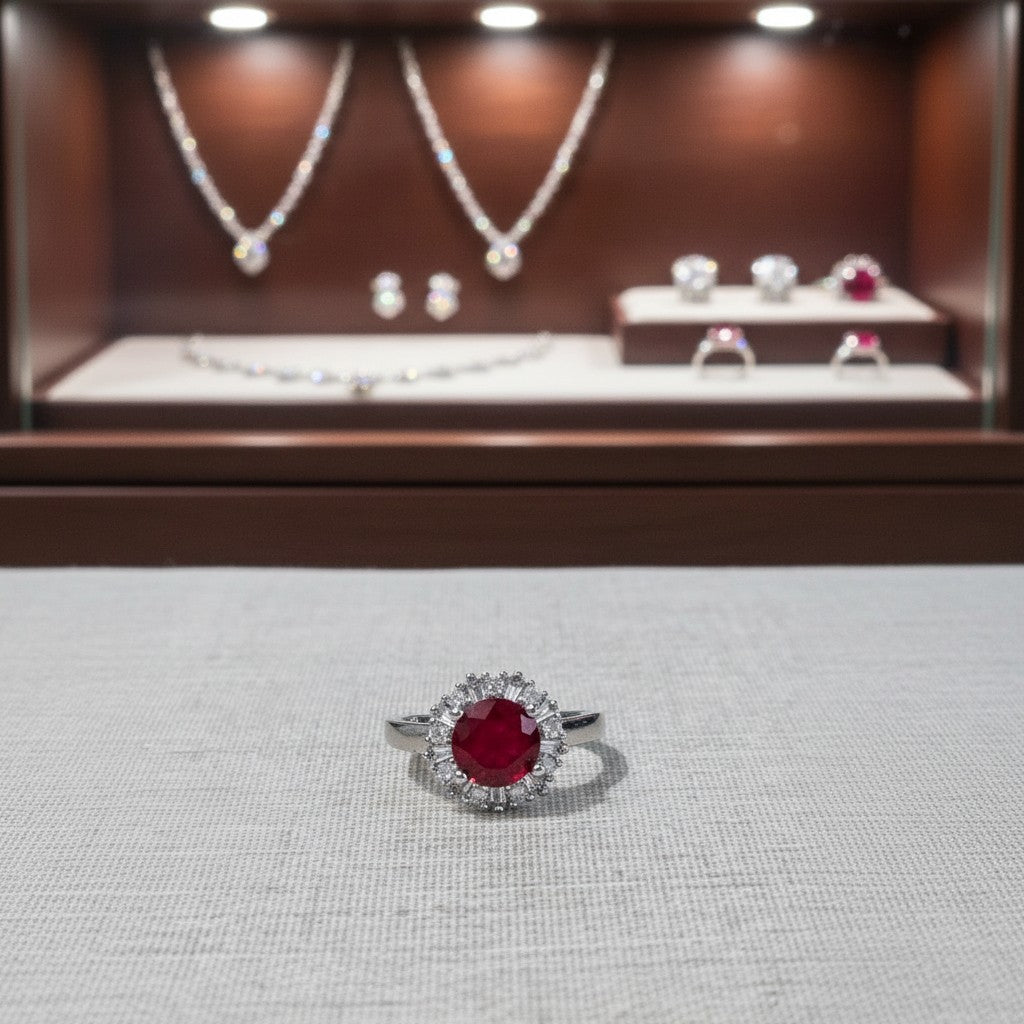 SilverStones.Pk elegant ladies ring with a central red zircon and surrounding clear zircon stones, crafted from color silver.