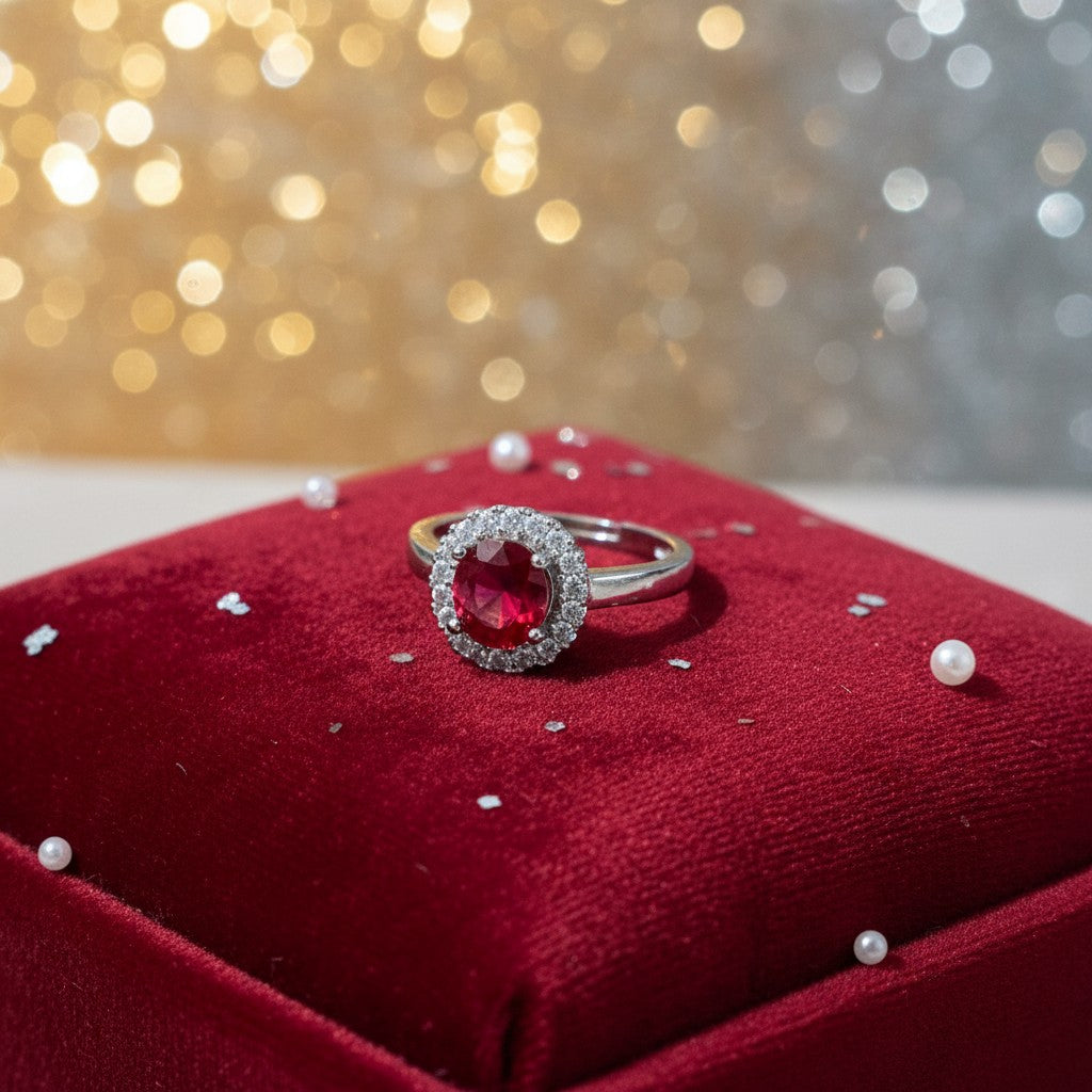 SilverStones.Pk elegant ladies ring with a central red zircon and surrounding clear zircon stones, crafted from color silver.