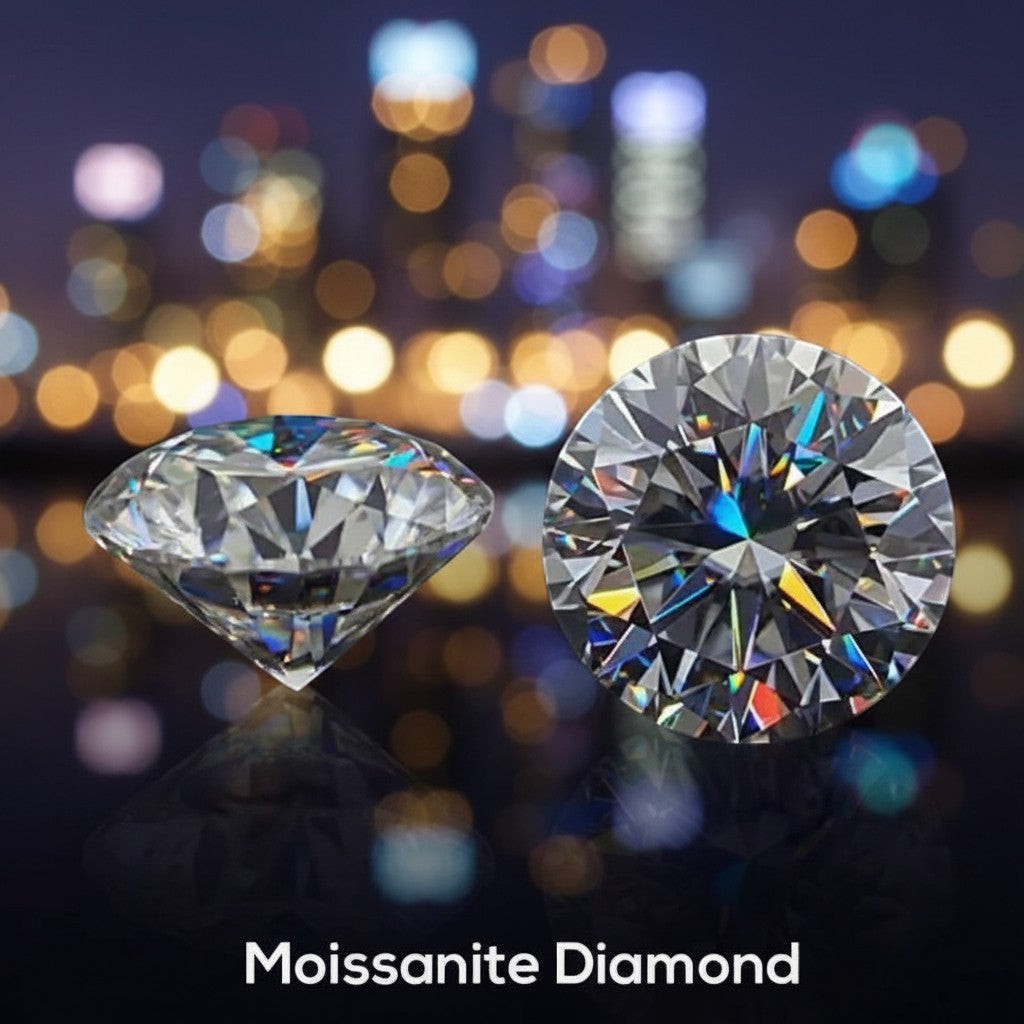 SilverStones.Pk round brilliant cut D color VVS1 moissanite diamond, shown from side and top view against black background.
