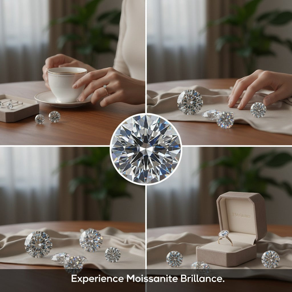 SilverStones.Pk round brilliant cut moissanite diamond, D color, VVS1 clarity, with certificate and lab report.