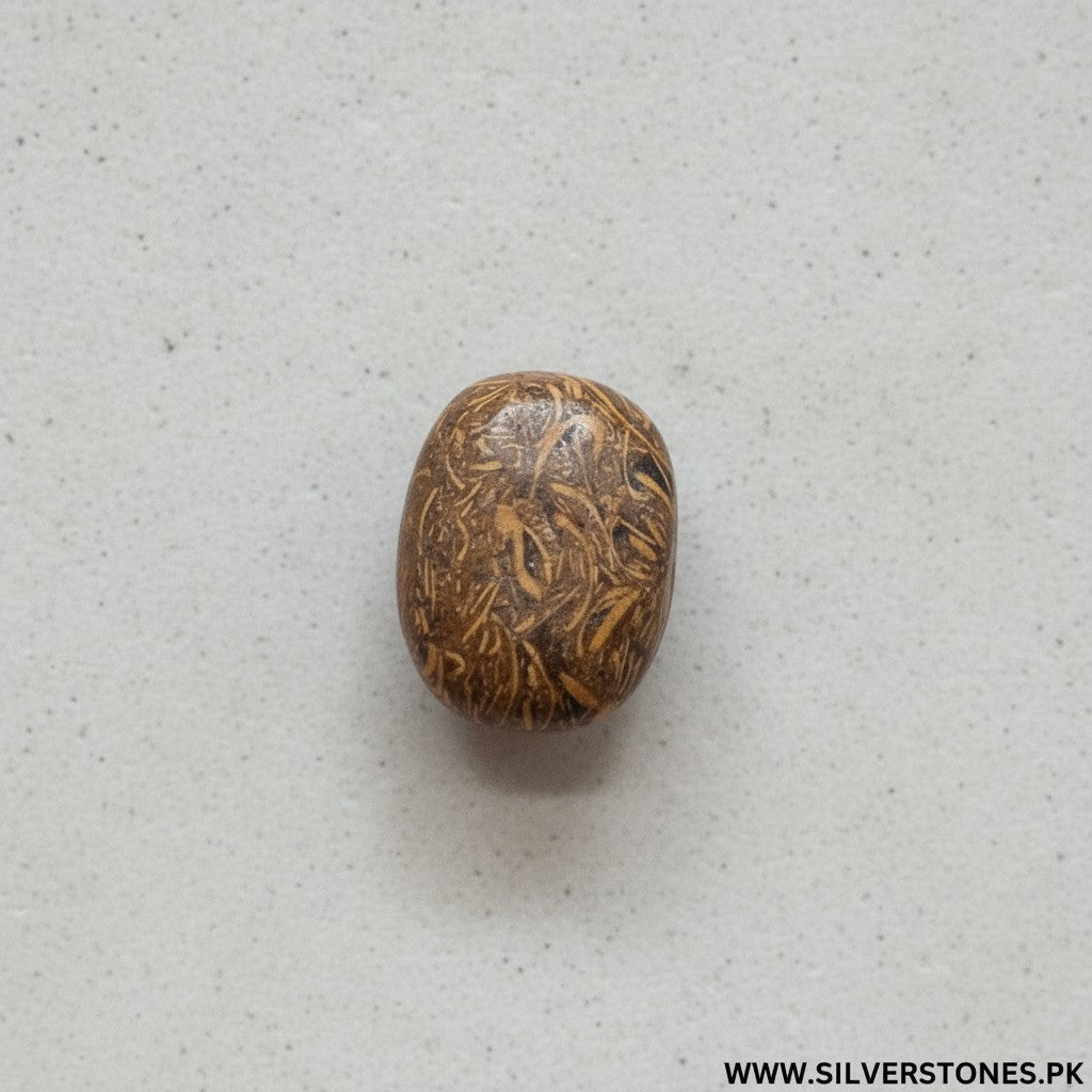 SilverStones.Pk real Sang-e-Mariam stone, oval, brown with intricate natural patterns, for spiritual healing and protection.