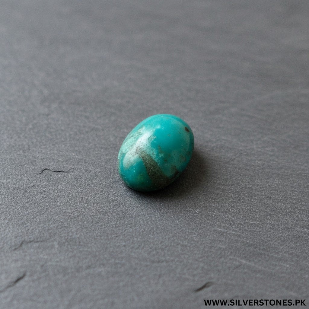 SilverStones.Pk oval-shaped Shajri Hussaini Feroza turquoise gemstone, 5.55 carat, with natural veining and antique appeal.