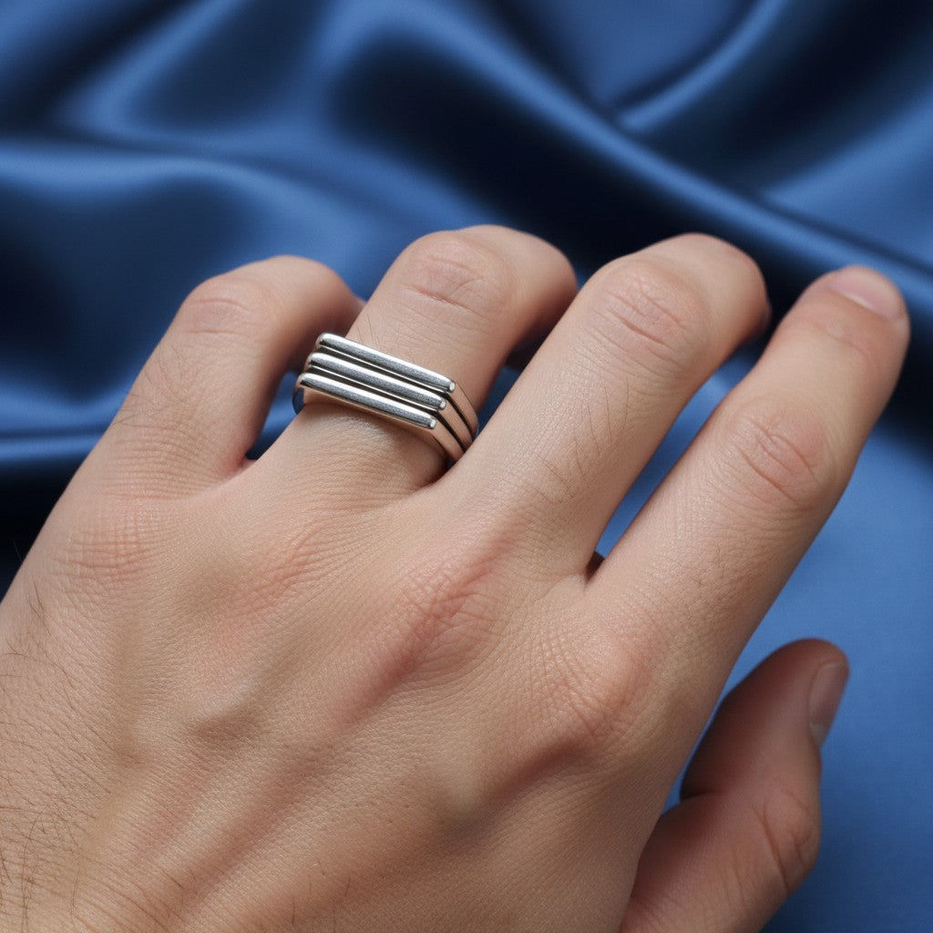 SilverStones.Pk silver imitation ring band with a modern, geometric stacked design. Elegant and durable for everyday wear.