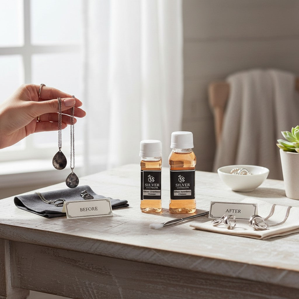 SilverStones.pk silver jewelry cleaner liquid in 50ml and 100ml bottles, fast-acting formula for home use.