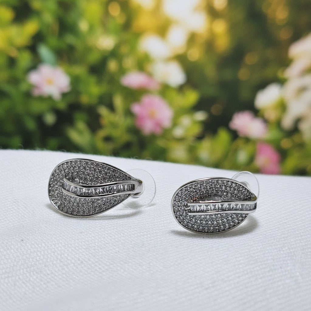Silver color stud earrings with real zircon stones, A+ quality, skin-friendly, and lightweight for parties or daily wear.