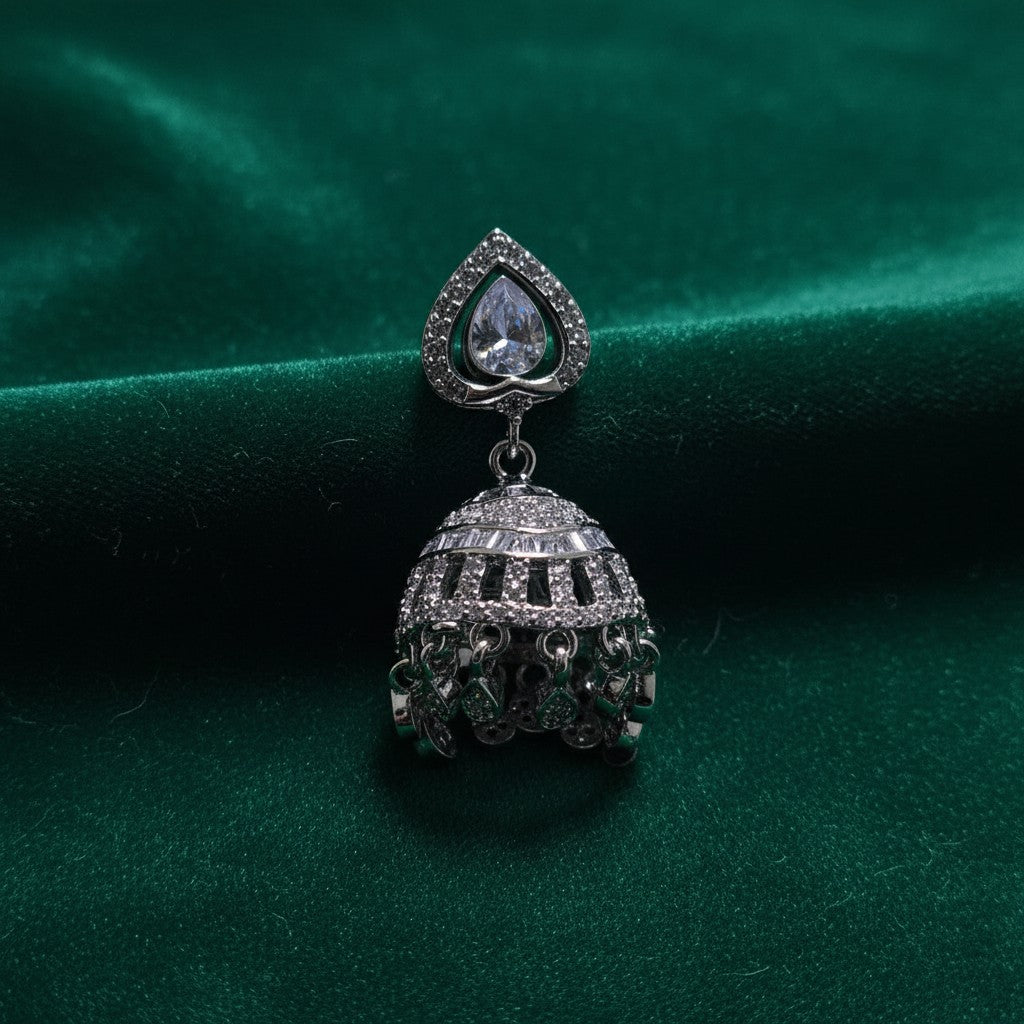 Silver color jhumka earrings with real zircon stones and heart-shaped top, from SilverStones.Pk
