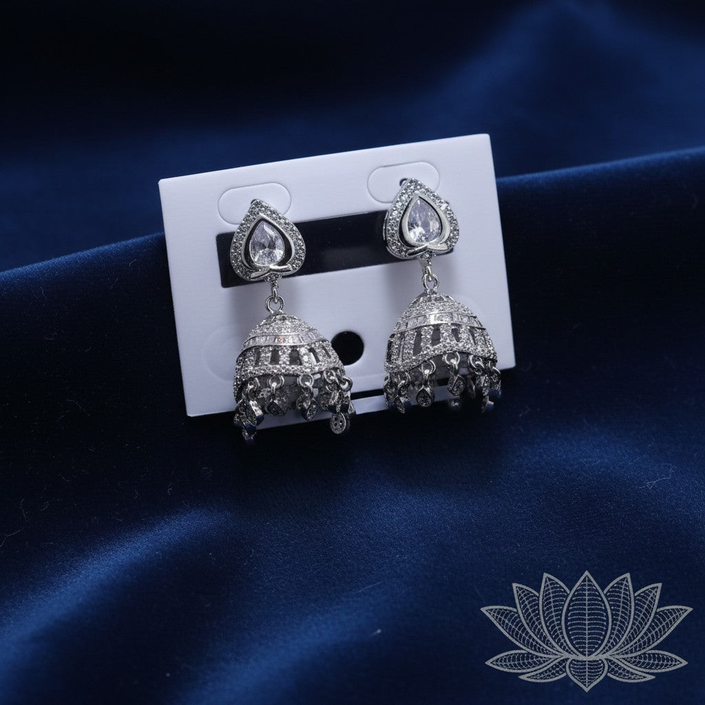 Silver color jhumka earrings with real zircon stones and heart-shaped top, from SilverStones.Pk.