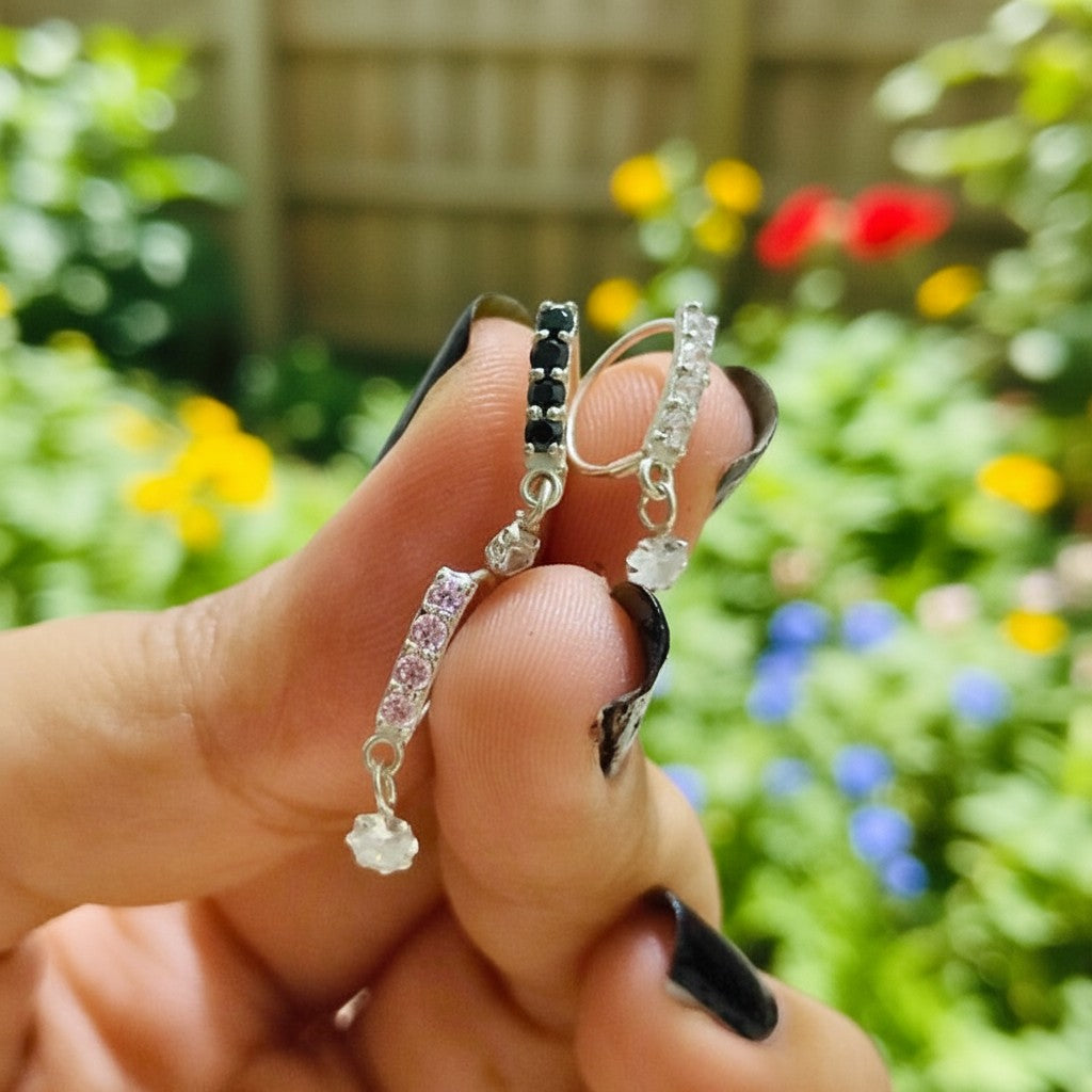 SilverStones.Pk silver nose ring with black and pink zircon stones, 10mm size, delicate and sparkling.