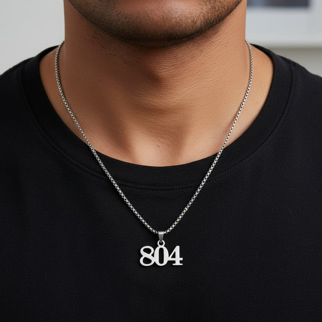 SilverStones.Pk stainless steel gents pendant with '804' design and box chain necklace. Durable, stylish, and rust-free.