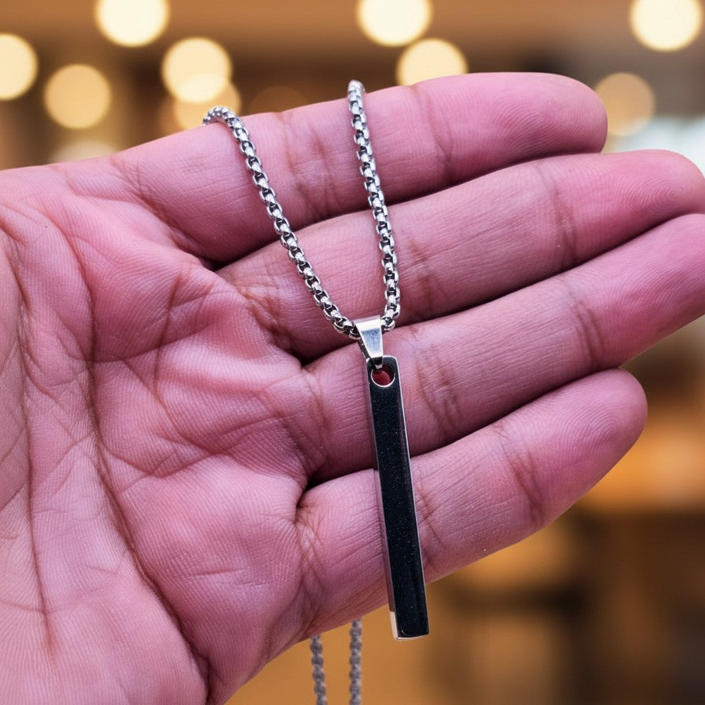 SilverStones.Pk stainless steel gents pendant with box chain, minimalist bar design, durable and stylish.