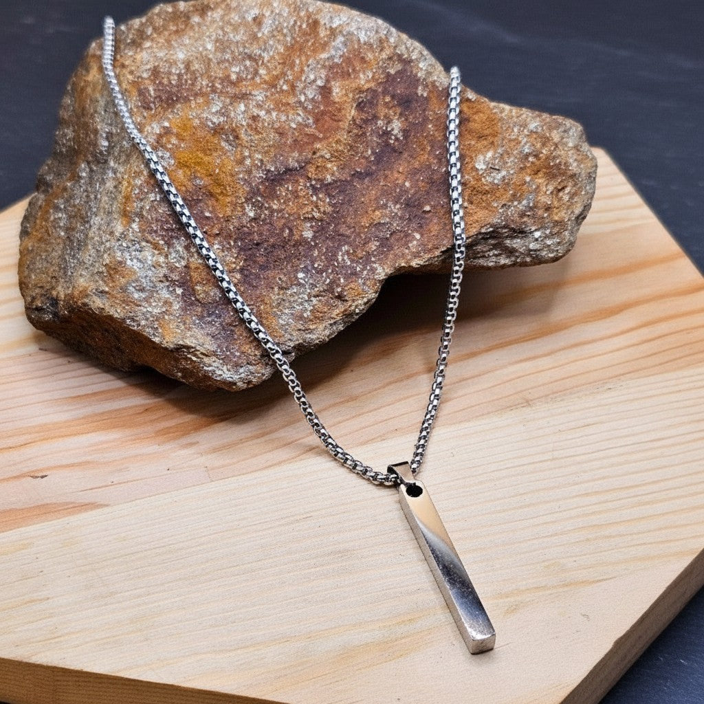 SilverStones.Pk stainless steel gents pendant with box chain, featuring a sleek rectangular bar pendant. Durable and stylish.