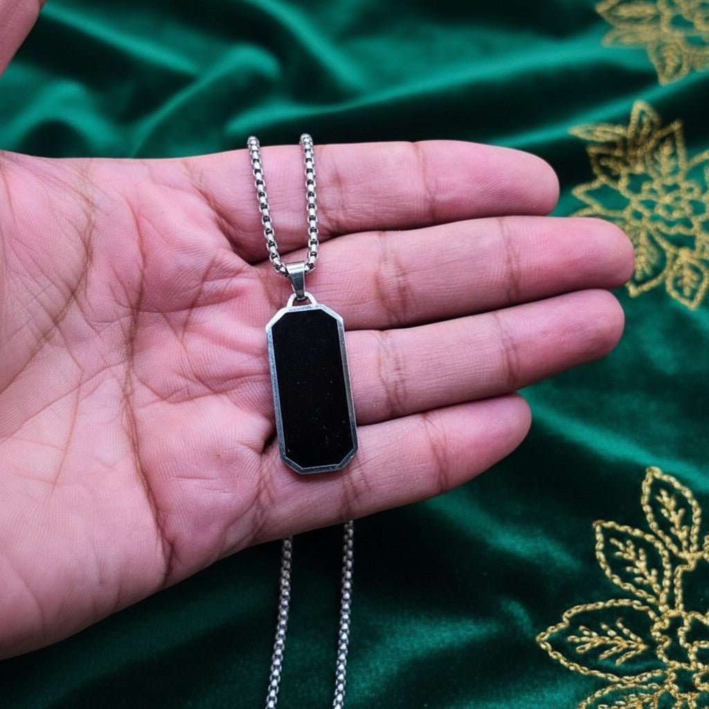 SilverStones.Pk stainless steel gents pendant with black inlay and box chain. Durable, stylish, and masculine.