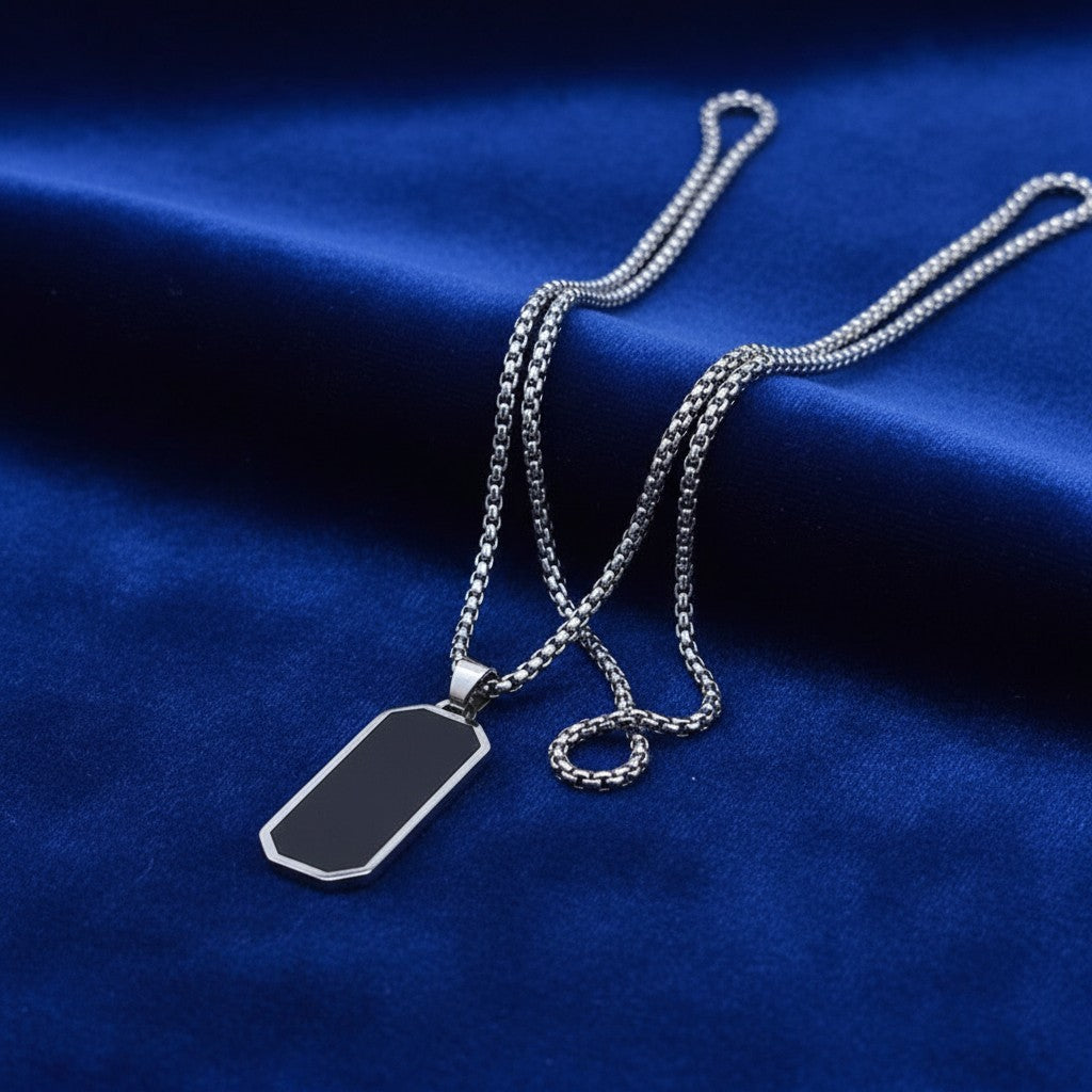 SilverStones.Pk stainless steel gents pendant with black inlay and box chain necklace. Durable and stylish.