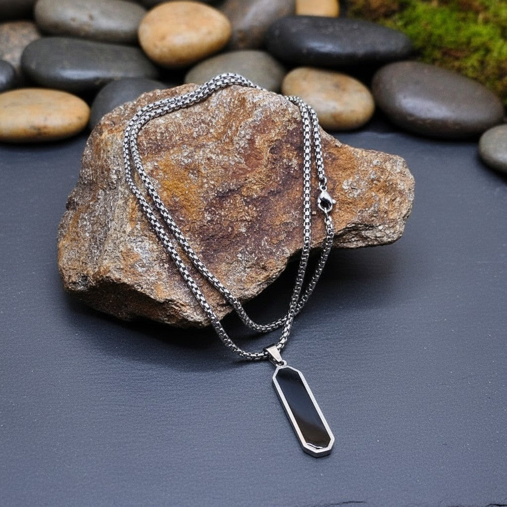 SilverStones.Pk stainless steel gents pendant with black inlay and box chain necklace. Durable and stylish.