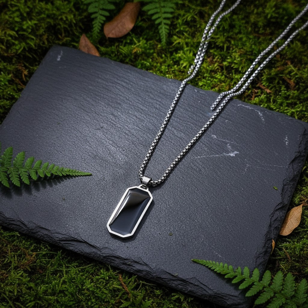 SilverStones.Pk stainless steel gents pendant with black inlay and box chain necklace.
