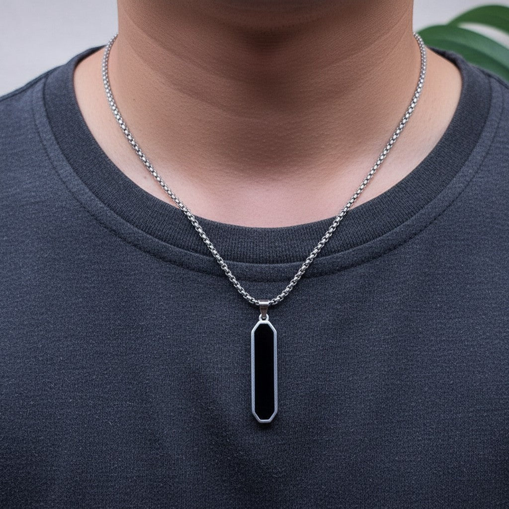 SilverStones.Pk men's stainless steel pendant with black inlay and box chain necklace.