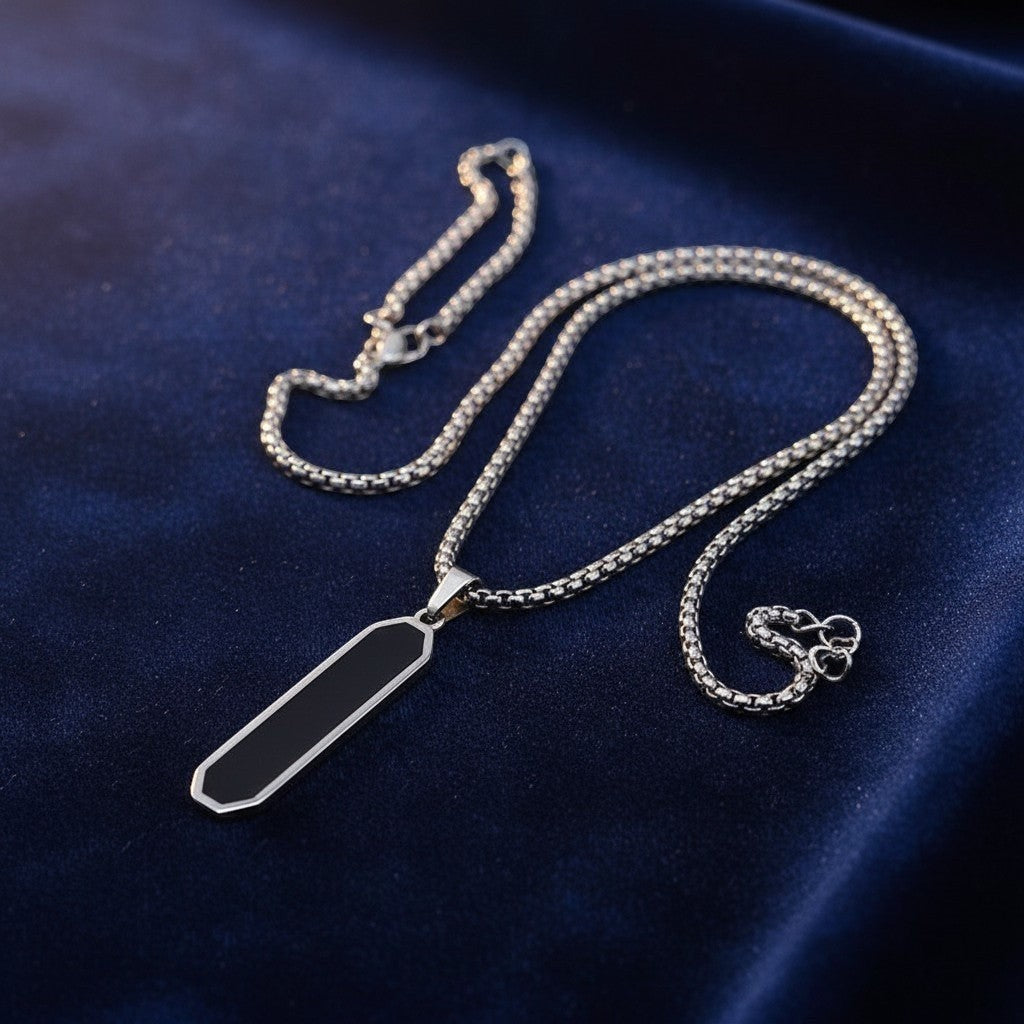 SilverStones.Pk men's stainless steel pendant with black inlay and chain. Durable, stylish, and suitable for daily wear.