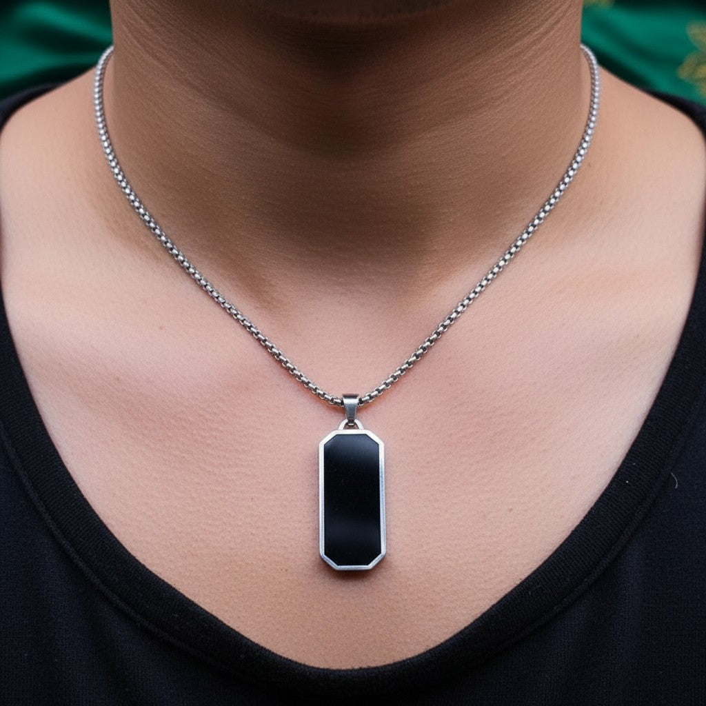 SilverStones.Pk stainless steel gents pendant with black inlay and box chain. Durable, stylish, and masculine.