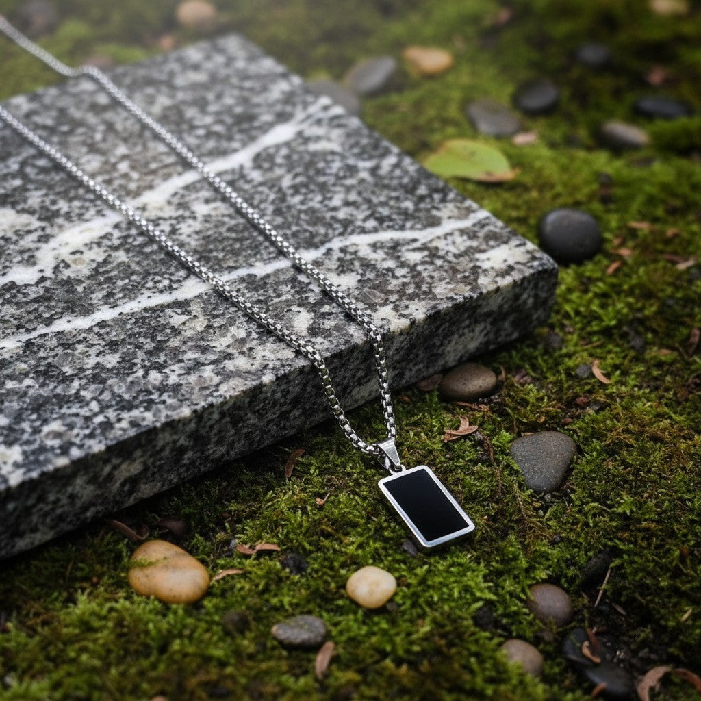 SilverStones.Pk stainless steel gents pendant with black inlay and box chain. Durable, stylish, and masculine.