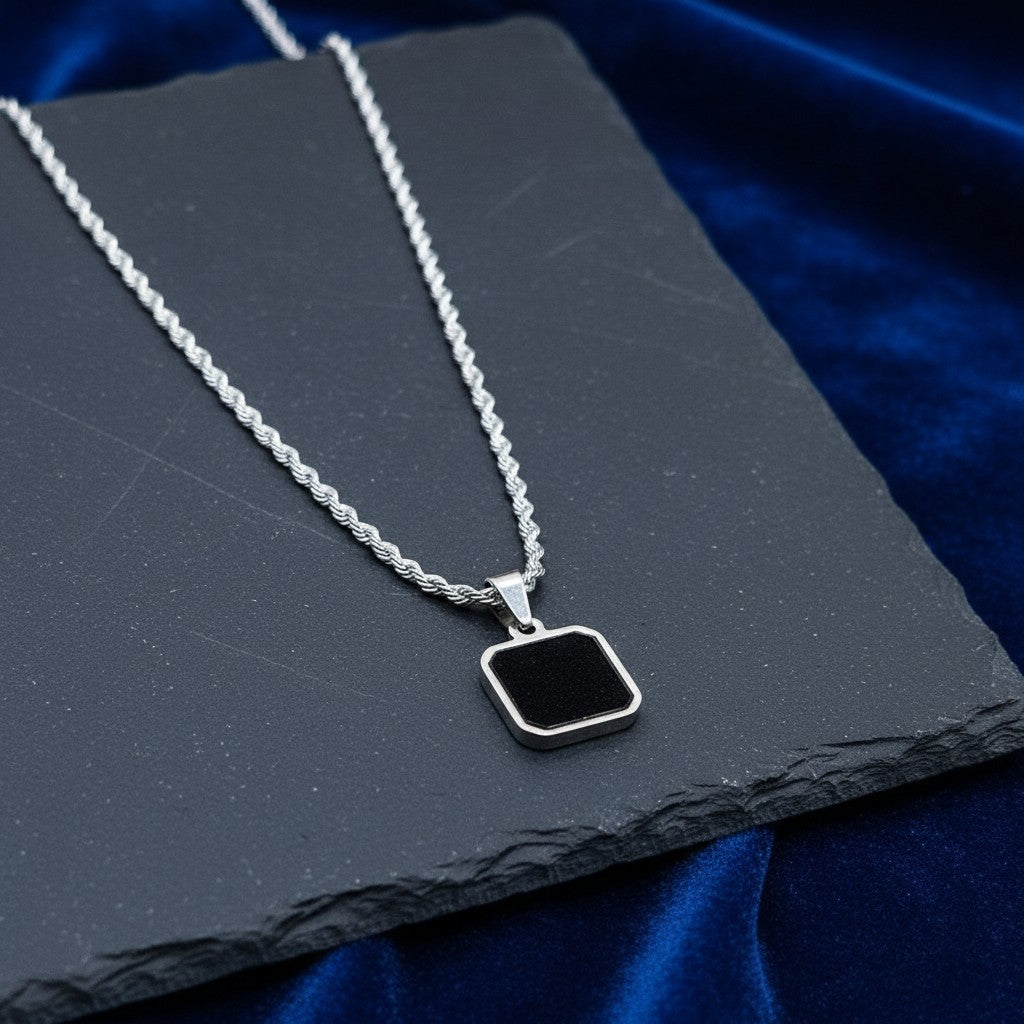 SilverStones.Pk men's stainless steel rope chain pendant with a black square inlay. Durable and stylish for daily wear.