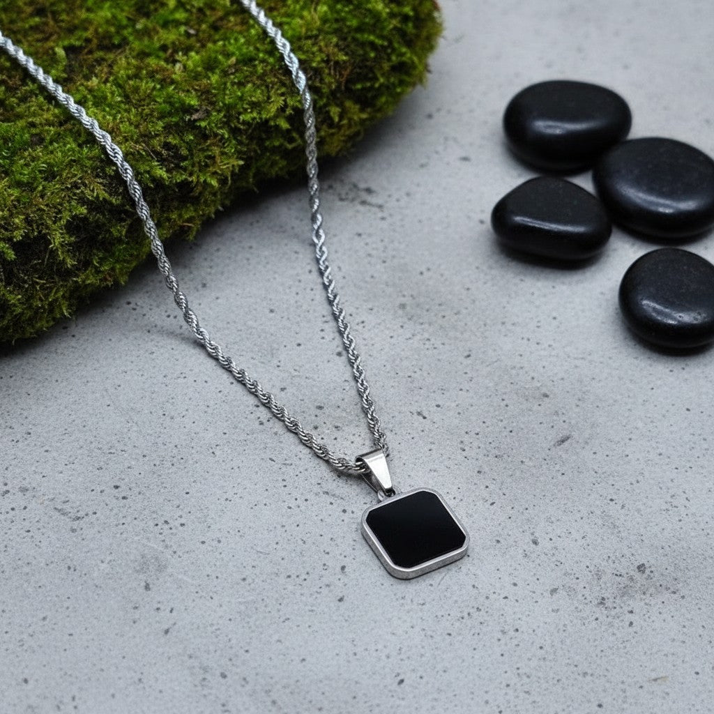 SilverStones.Pk men's stainless steel rope chain pendant with a black square inlay. Durable and stylish.