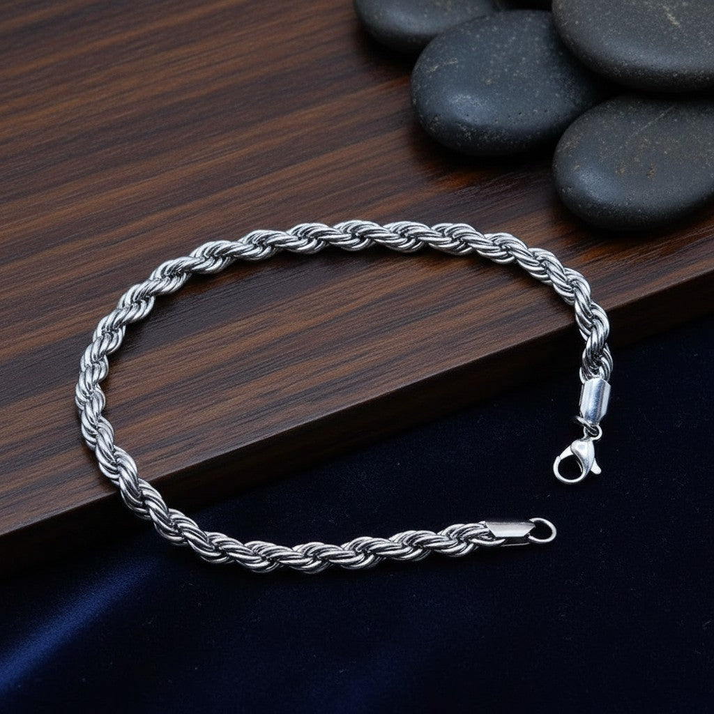 SilverStones.Pk men's 4mm stainless steel rope style bracelet, 8 inches long, durable and stylish for daily wear or gifting.