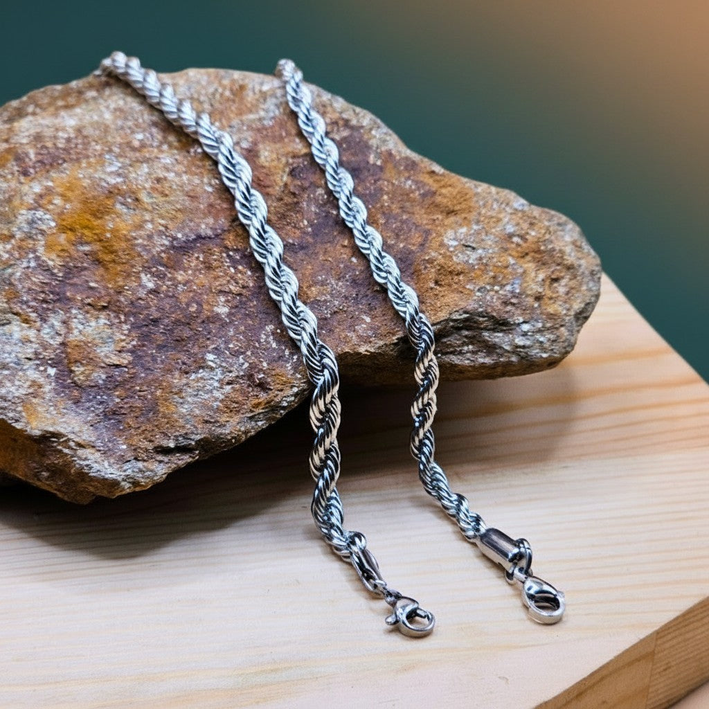 SilverStones.Pk men's 4mm stainless steel rope style bracelet, 8 inches long, with lobster clasp.