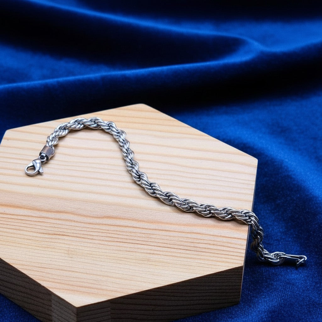SilverStones.Pk men's 4mm stainless steel rope style bracelet, 8 inches long, durable and stylish for daily wear.