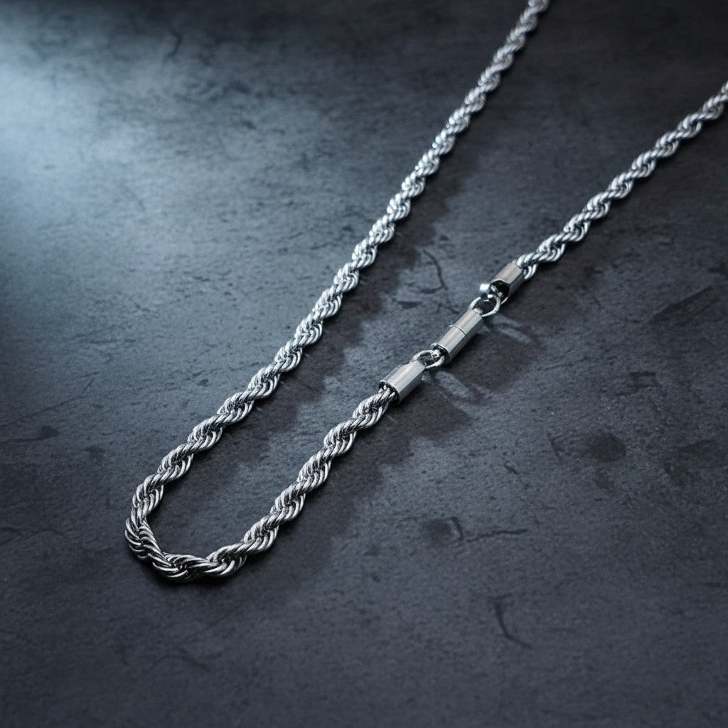 SilverStones.Pk men's 5mm stainless steel rope chain necklace with magnetic clasp, 20 inches.