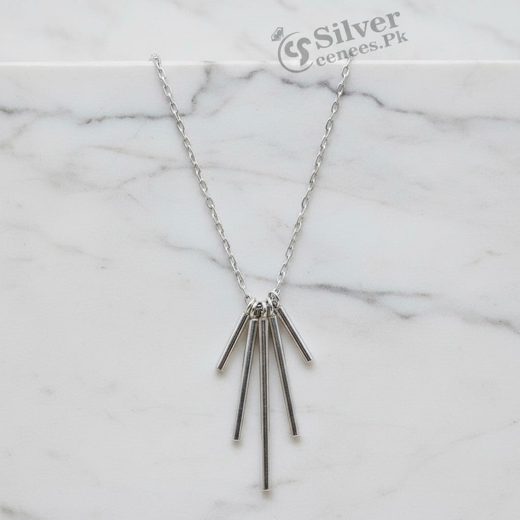 SilverStones.Pk sterling silver necklace with a modern pendant of five vertical bars.