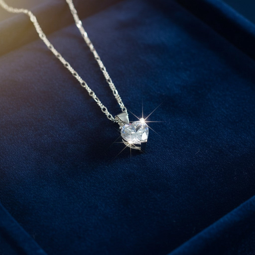 SilverStones.Pk sterling silver heart pendant necklace with a clear zircon and Figaro chain.