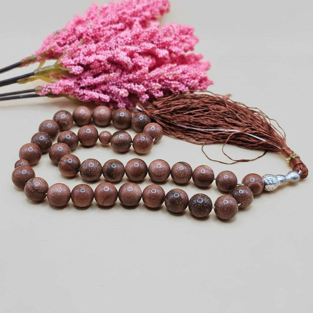 SilverStones.Pk Real Sung Star Stones Tasbeeh, brown polished stone beads with a brown tassel, ideal for prayer and meditation.