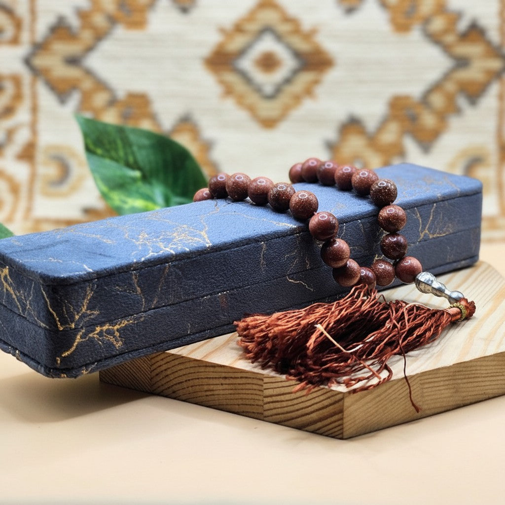 SilverStones.Pk Real Sung Star Stones Tasbeeh with brown tassel and silver accent. Ideal for prayer and meditation.