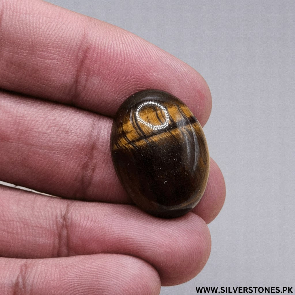 SilverStones.Pk oval polished tiger eye gemstone with brown and golden stripes, held in hand.