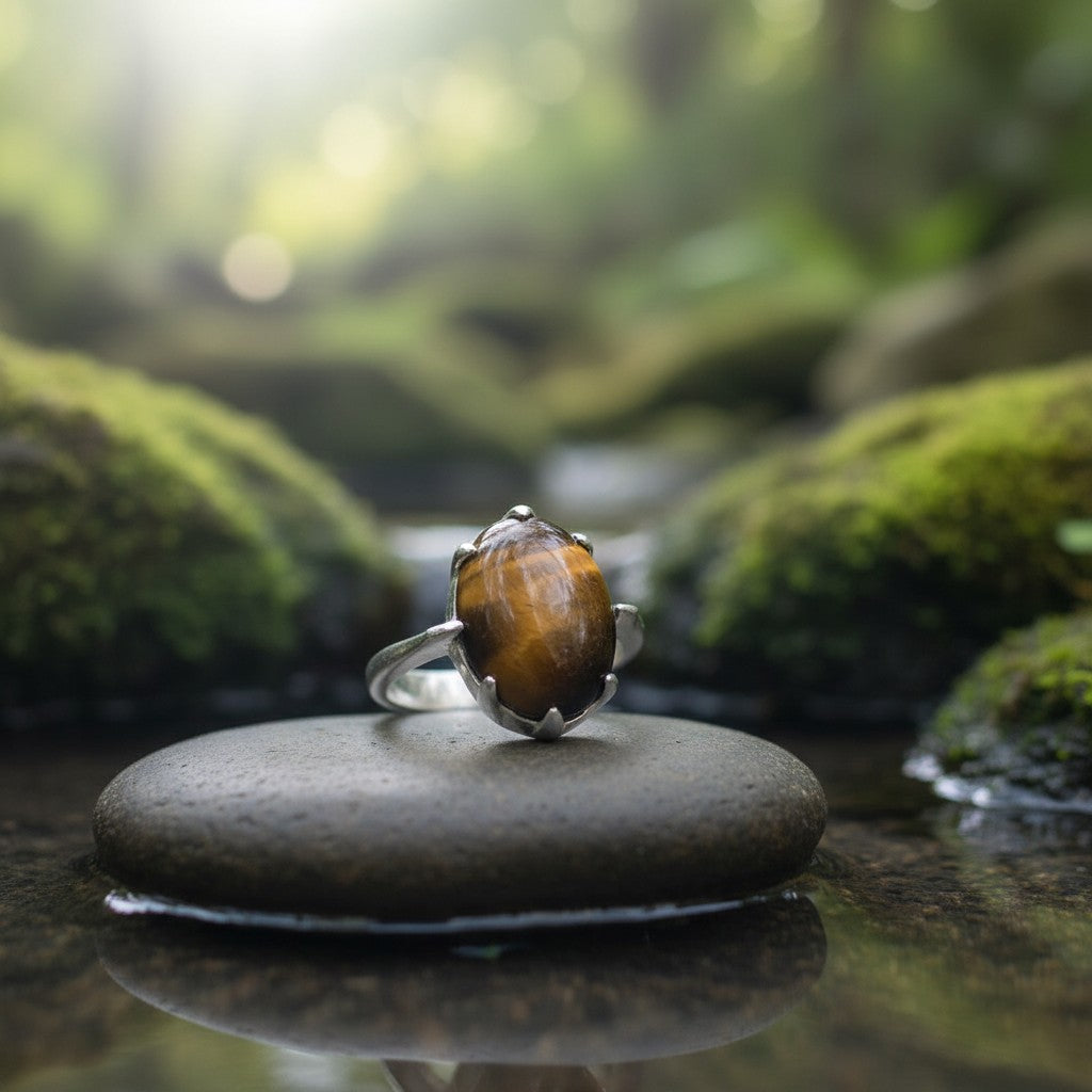 SilverStones.Pk handmade ladies ring with a large, oval, brown and gold tiger eye gemstone set in a silver band.