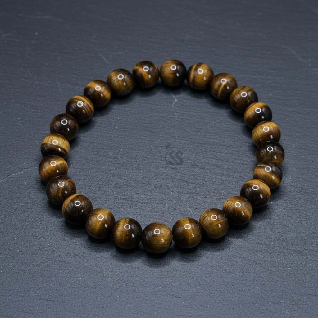 SilverStones.Pk bracelet with round, polished tiger eye stones in golden-brown hues, featuring distinctive chatoyancy.