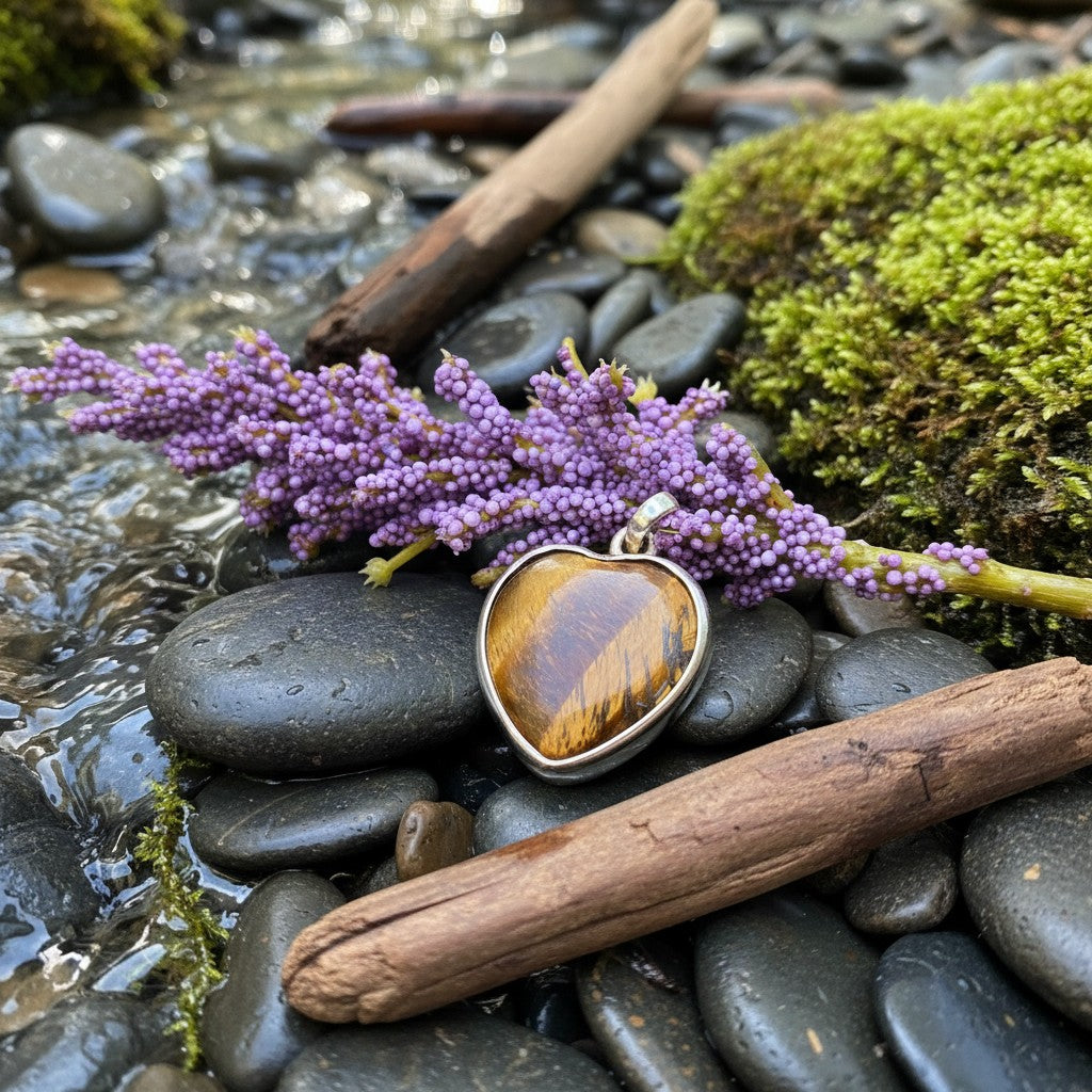 SilverStones.Pk heart-shaped tiger stone pendant with banded golden-brown gemstone set in silver.