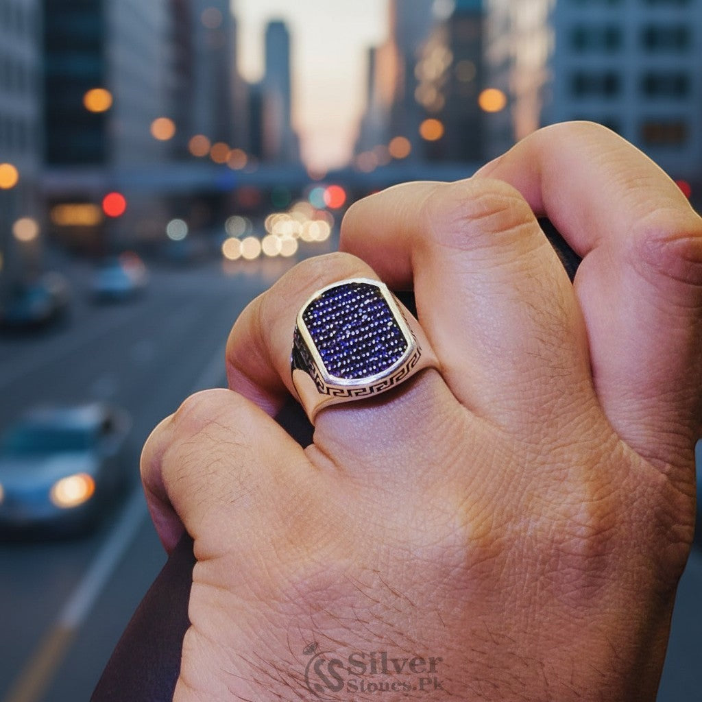 SilverStones.Pk Turkish 925 sterling silver gents ring with blue zircon stones and Greek key design.