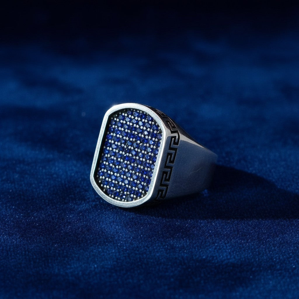 SilverStones.Pk Turkish 925 Sterling Silver Gents Ring with blue zircon stones and Greek key design.
