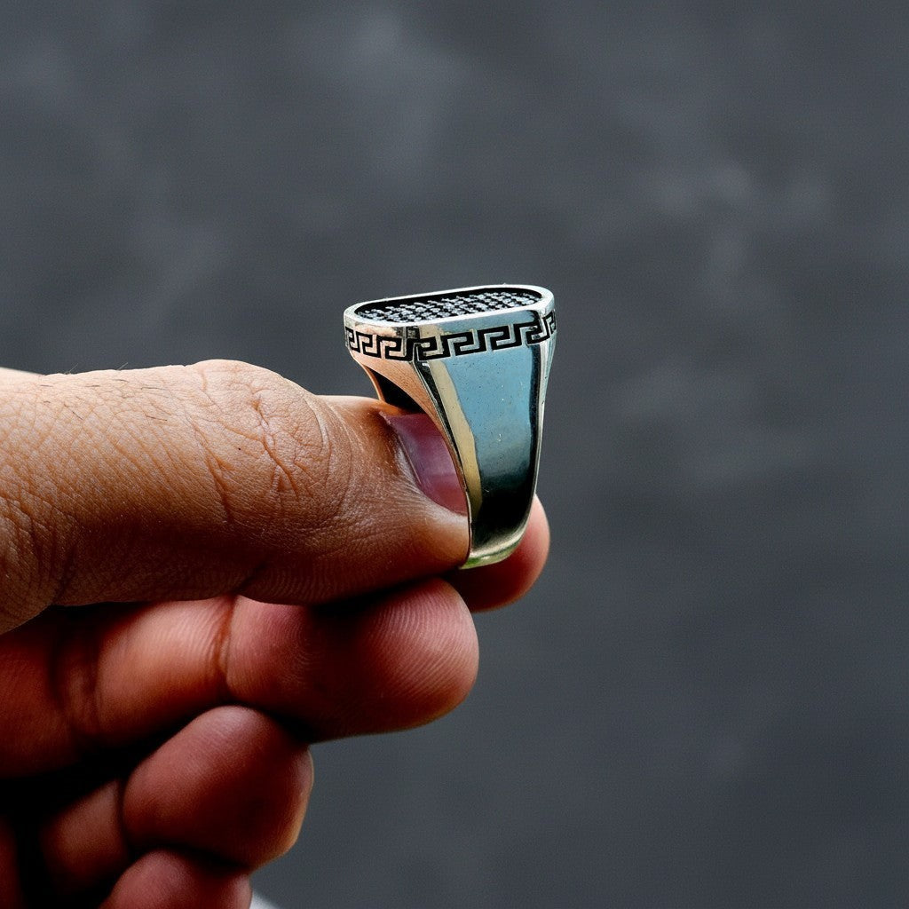 SilverStones.Pk Turkish 925 sterling silver gents ring with black zircon stones and Greek key design.