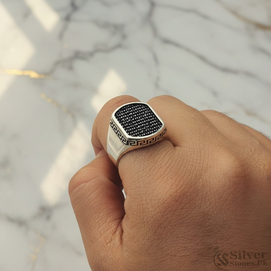 SilverStones.Pk Turkish 925 Sterling Silver gents' ring with black zircon stones and Greek key design.