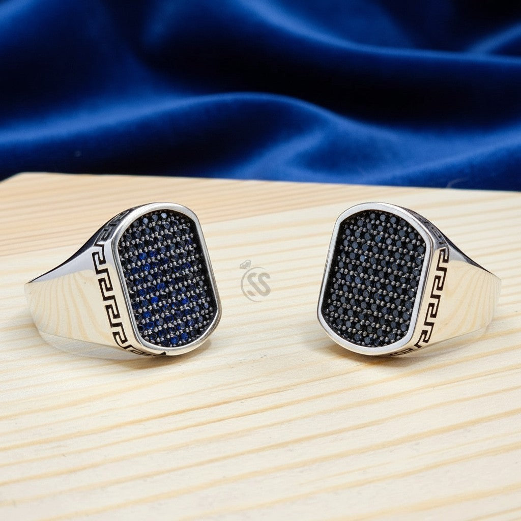SilverStones.Pk Turkish 925 Sterling Silver Gents Ring with blue and black zircon stones and Greek key design.