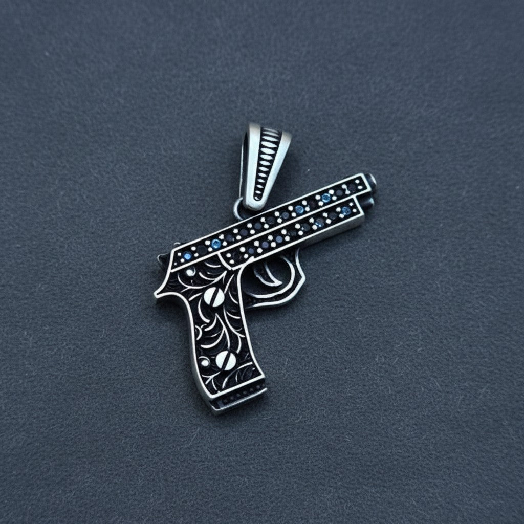 SilverStones.Pk 925 Sterling Silver Turkish pistol pendant with black zircon stones and oxidised black polish.