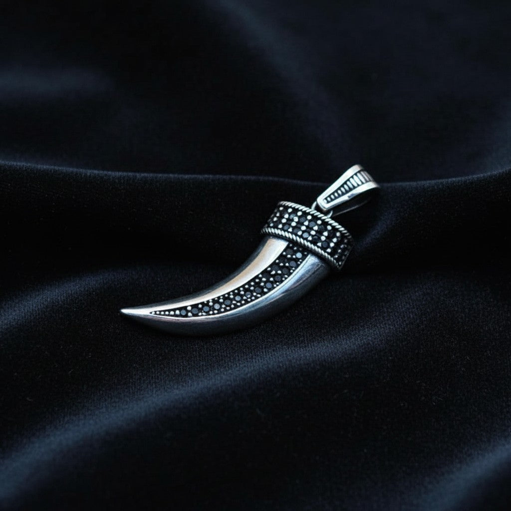 SilverStones.Pk 925 sterling silver Turkish sword pendant with black zircon stones and oxidised black polish.