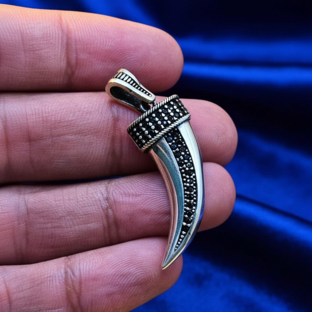 SilverStones.Pk 925 sterling silver Turkish sword pendant with black zircon stones and oxidised black polish.