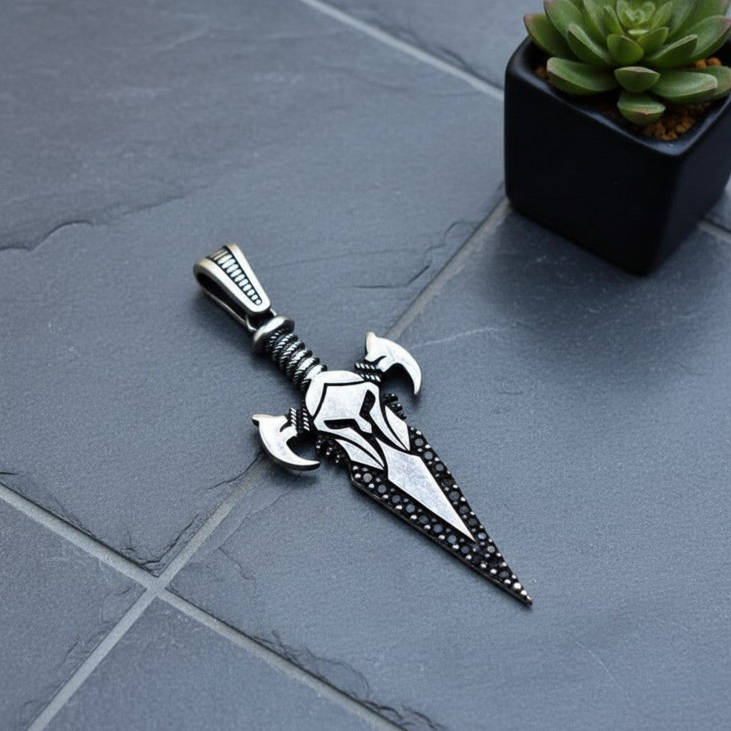 SilverStones.Pk men's sterling silver Turkish sword pendant with black zircon stones and oxidised black polish.