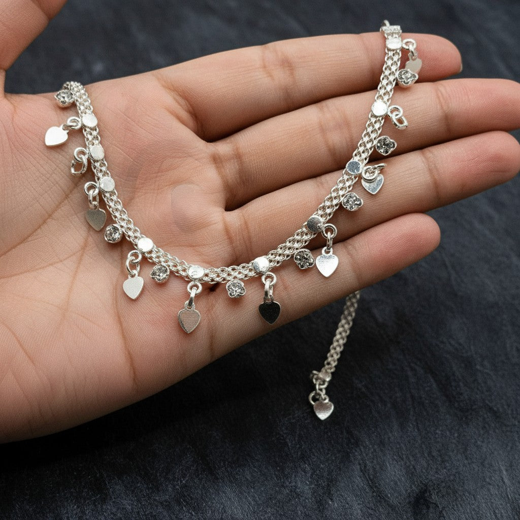 SilverStones.Pk vintage Turkish style pure silver anklet with zircon stones and heart charms.