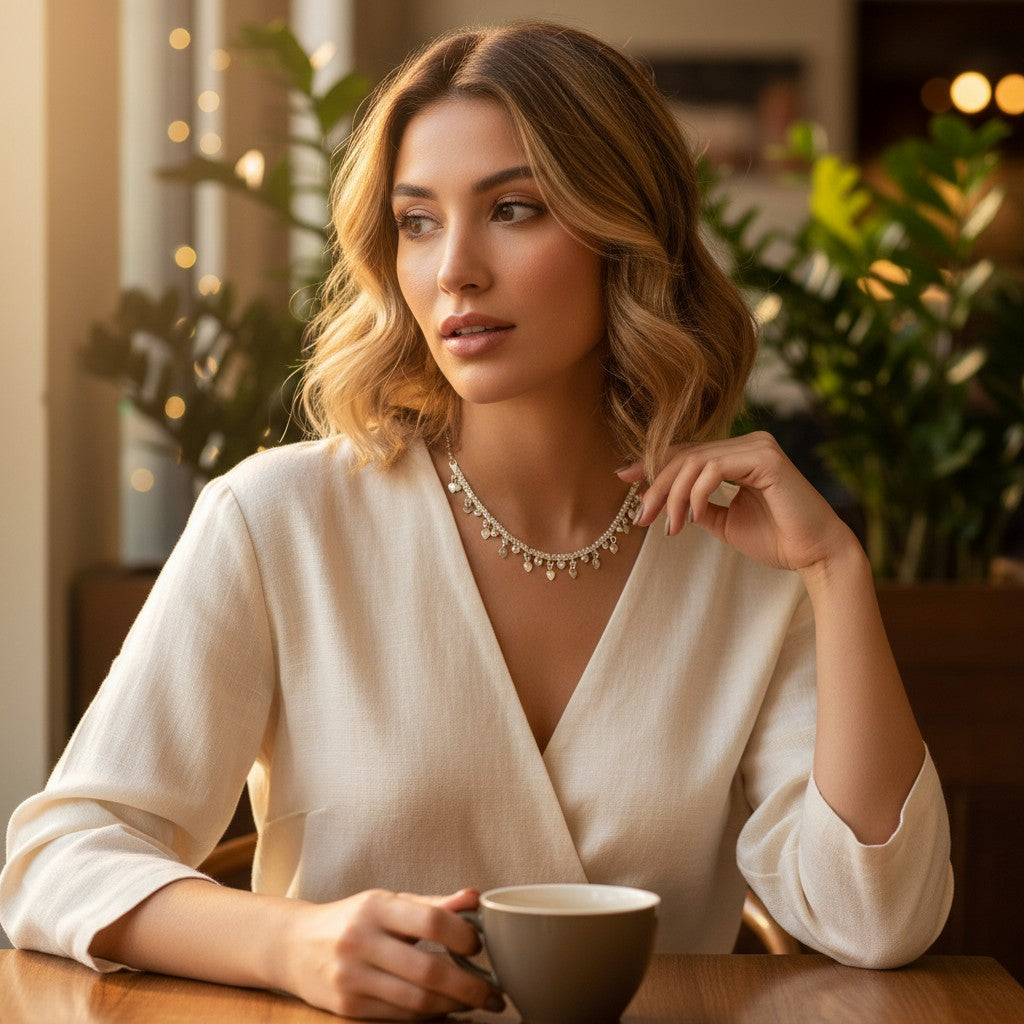 SilverStones.Pk vintage Turkish style pure silver necklace with zircon stones, featuring dangling heart charms.