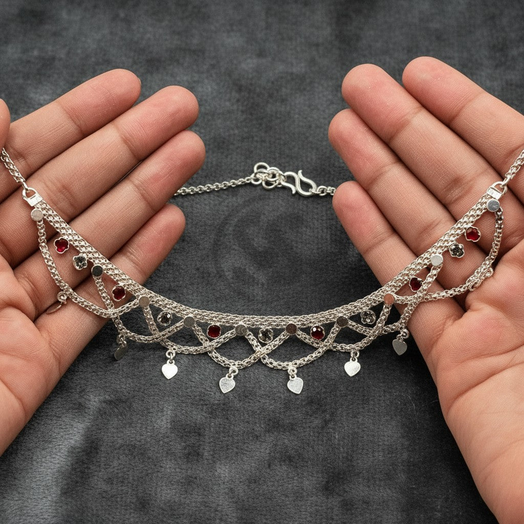 SilverStones.Pk vintage Turkish style pure silver necklace with red and grey zircon stones and heart charms.
